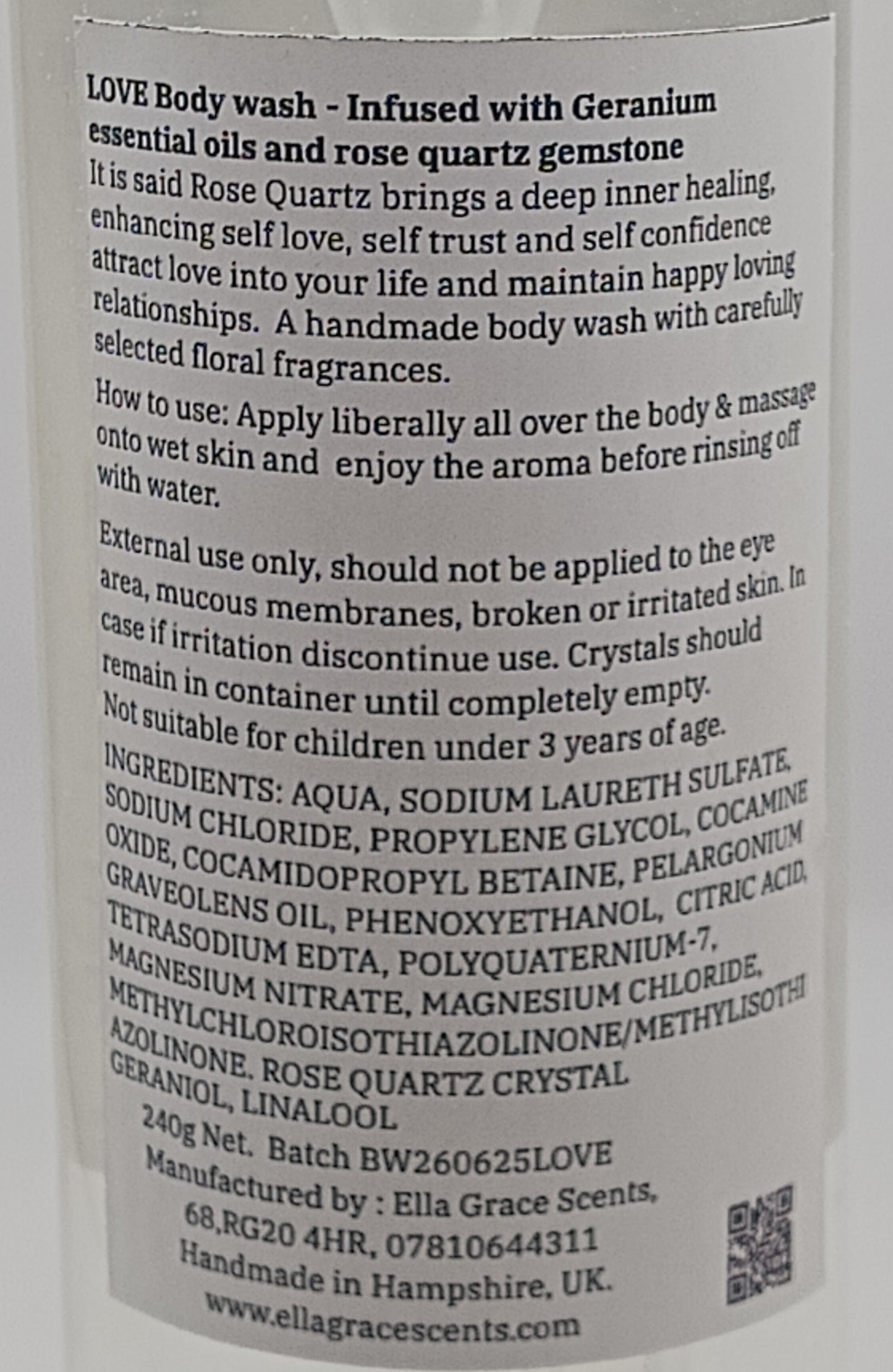 Love - Rose quartz crystal body wash Geranium essential oil
