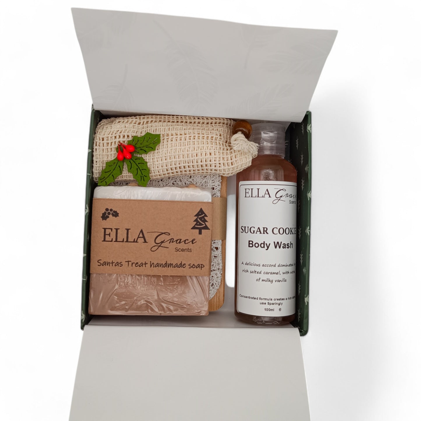 Christmas box, Santa's treat soap, soap pad, wooden dish, exfoliating bag & 100ml sugar cookie body wash