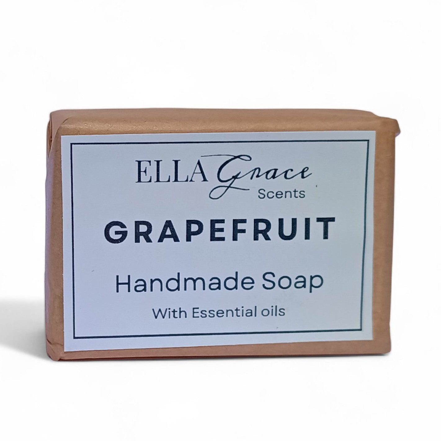 Handmade soap bar by Ella Grace Scents with grapefruit scent on a white background